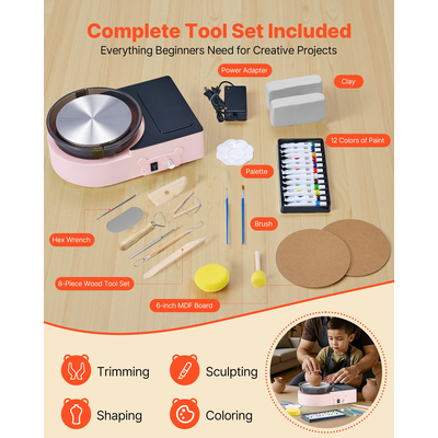 VEVOR Μίνι Τροχός Κεραμικής Ηλεκτρικός Τροχός Πήλινου Σπιτιού για Παιδιά και Ενήλικες 158 mm Ροζ