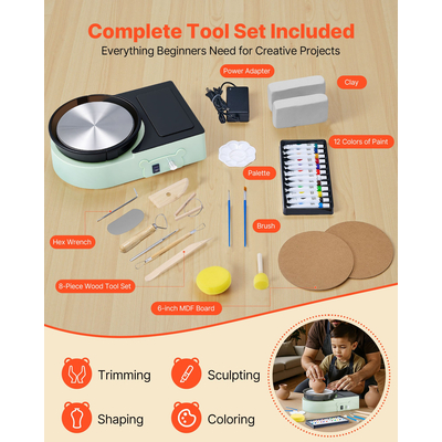 VEVOR Μίνι Τροχός Κεραμικής Ηλεκτρικός Τροχός Πήλινου Σπιτιού για Παιδιά και Ενήλικες 158 mm Πράσινος