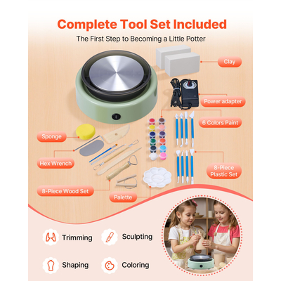 VEVOR Μίνι Τροχός Κεραμικής Ηλεκτρικός Τροχός Πήλινου Σπιράλ για Παιδιά 158 mm Πράσινος