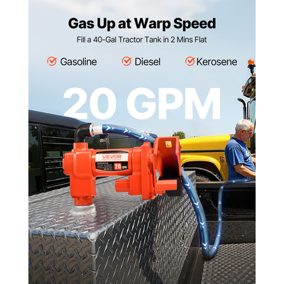 Αντλία μεταφοράς καυσίμου VEVOR αντιεκρηκτική, Ροή 76L/min, Ισχύς 1/4 HP 186W, Αντλία μεταφοράς καυσίμου 12V DC, Με χειροκίνητο ακροφύσιο, σωλήνες εξάτμισης και αναρρόφησης, Κατάλληλη για βενζίνη, ντίζελ και κηροζίνη