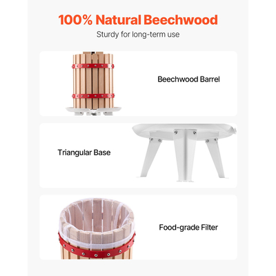 VEVOR Πιεστήριο Κρασιού Φρούτων Χειροκίνητη Πίεση για Οινοποίηση Ξύλινο Καλάθι 1,6 Γαλονιών/6 Λίτρων