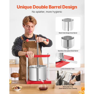 Πιεστήριο κρασιού VEVOR με χειροκίνητη πρέσα για οινοποίηση, από ανοξείδωτο ατσάλι 1,6 γαλόνια/6 λίτρα