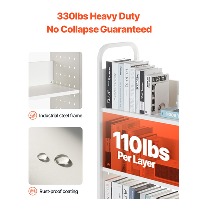 VEVOR Τριώροφο Τροχήλατο Βιβλιοφορείο Μονής Όψης με Ράφια σε Σχήμα L, Βιβλιοφορείο σε Λευκό Χρώμα