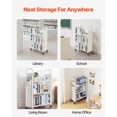 VEVOR Τριώροφο Τροχήλατο Βιβλιοφορείο Μονής Όψης με Ράφια σε Σχήμα L, Βιβλιοφορείο σε Λευκό Χρώμα