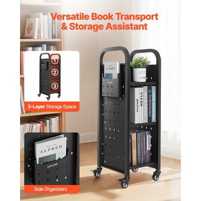 VEVOR Τριώροφο Τροχήλατο Βιβλιοθήκης Μονής Όψης Ράφια σε Σχήμα L, Μαύρο
