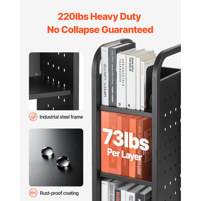 VEVOR Τριώροφο Τροχήλατο Βιβλιοθήκης Μονής Όψης Ράφια σε Σχήμα L, Μαύρο