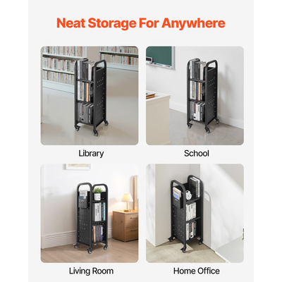VEVOR Τριώροφο Τροχήλατο Βιβλιοθήκης Μονής Όψης Ράφια σε Σχήμα L, Μαύρο