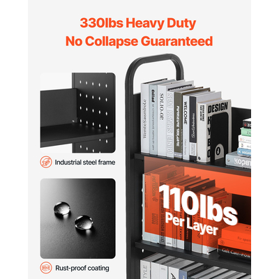 VEVOR Τριώροφο Τροχήλατο Βιβλιοφορείο Μονής Όψης με Ράφια σε Σχήμα L σε Μαύρο Χρώμα