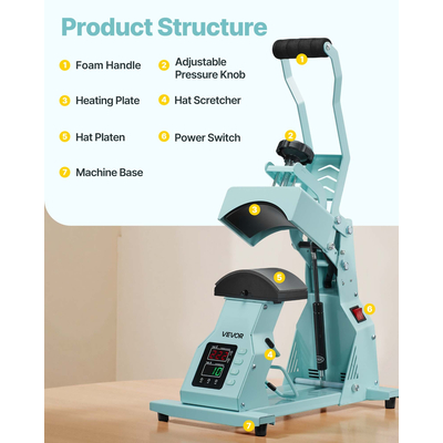 VEVOR Μηχανή Θερμικής Πίεσης για Καπέλα, Πρέσα για Καπέλα με 4 Πλάκες για HTV Green