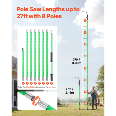 VEVOR Χειροκίνητο Πριόνι με Επεκτεινόμενο Κλαδευτήρι Δέντρων με Κοντάρι 118-809,3 cm, Ατσάλινη Λεπίδα 65Mn