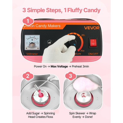 VEVOR Εμπορική Μηχανή Μαλλί της Βαμβακιού Ηλεκτρική Μηχανή Ζαχαρόπαστας 1000W Ροζ