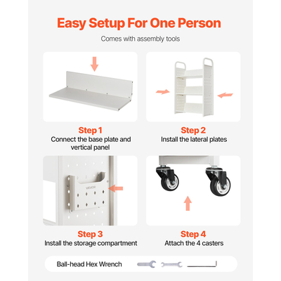 VEVOR Τριώροφο Τροχήλατο Βιβλιοφορείο με Ράφια σε Σχήμα V, Μονόπλευρα, σε Λευκό Χρώμα