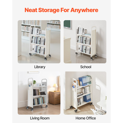 VEVOR Τριώροφο Τροχήλατο Βιβλιοφορείο με Ράφια σε Σχήμα V, Μονόπλευρα, σε Λευκό Χρώμα