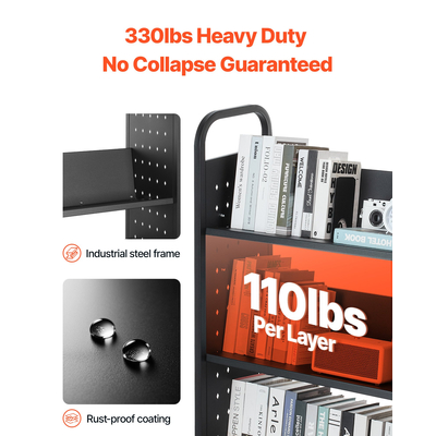 VEVOR Τριώροφο Τροχήλατο Βιβλιοφορείο με Ράφια σε Σχήμα V, Μονής Όψης, σε Μαύρο Χρώμα