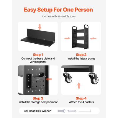 VEVOR Τριώροφο Τροχήλατο Βιβλιοφορείο με Ράφια σε Σχήμα V, Μονής Όψης, σε Μαύρο Χρώμα