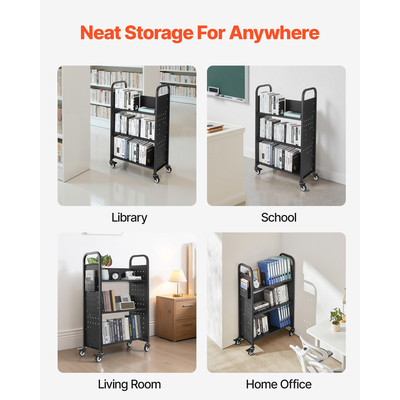 VEVOR Τριώροφο Τροχήλατο Βιβλιοφορείο με Ράφια σε Σχήμα V, Μονής Όψης, σε Μαύρο Χρώμα