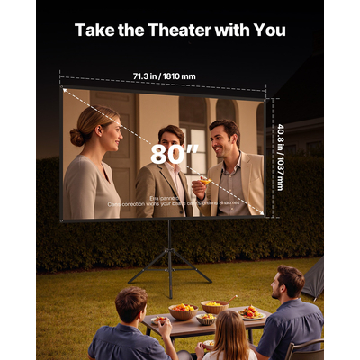Οθόνη Προβολέα VEVOR με Τρίποδο και Βάση, 80 ίντσες, Ευρεία Γωνία 160°, 4K HD, 16:9
