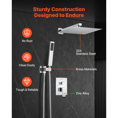 Σετ μπαταρίας ντους VEVOR 12" τετράγωνη κεφαλή ντους βροχής και χειροκίνητο σετ ασημί χρωμίου