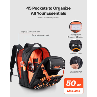 Σακίδιο Πλάτης Εργαλείων VEVOR 45 Θέσεων, Ανθεκτικό σε Σκισίματα, Σακίδιο Πλάτης Εργασίας για Ηλεκτρολόγο