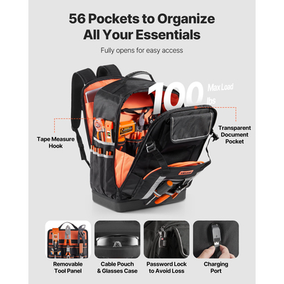 Σακίδιο Εργαλείων VEVOR με 56 τσέπες, ανθεκτικό στις πιτσιλιές, σακίδιο εργασίας για ηλεκτρολόγο