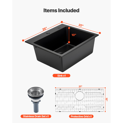 Νιπτήρας κουζίνας VEVOR 63 cm από γρανίτη με ενιαία λεκάνη και τοποθέτηση σε πάνω μέρος για μπαρ τροχόσπιτων