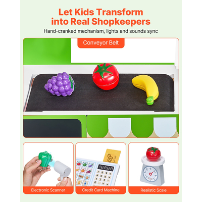 VEVOR Παιδικό Σετ Παιχνιδιού Παντοπωλείου Ξύλινη Βάση Παιχνιδιού με Ταμειακή Μηχανή