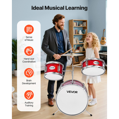Σετ Ντραμς VEVOR για Παιδιά, 3 τεμαχίων, με μουσικό ντραμς για παιδιά, με μπάσο 14 ιντσών / 35,56 cm (Κόκκινο)