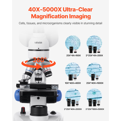 Επαγγελματικό κιτ σύνθετου μικροσκοπίου τριοφθάλμιου VEVOR με μεγέθυνση 40-5000X