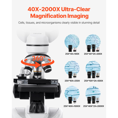 Επαγγελματικό κιτ σύνθετου μικροσκοπίου διόφθαλμων VEVOR με μεγέθυνση 40-2000X