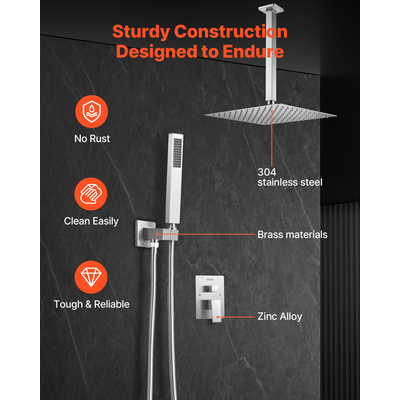 Σετ βρύσης ντους VEVOR 12" με τετράγωνη κεφαλή ντους βροχής και σετ χειρός, βουρτσισμένο νίκελ