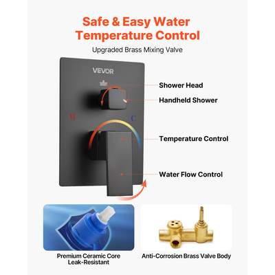 Σετ βρύσης ντους VEVOR 12" τετράγωνη κεφαλή ντους βροχής και σετ χειρός, ματ μαύρο