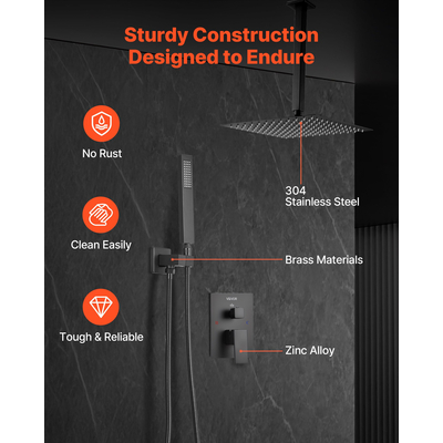 Σετ βρύσης ντους VEVOR 12" τετράγωνη κεφαλή ντους βροχής και σετ χειρός, ματ μαύρο