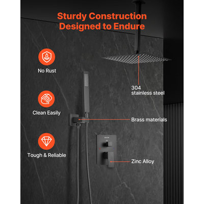 Σετ βρύσης ντους VEVOR 10" με τετράγωνη κεφαλή ντους βροχής και χειροκίνητο σετ ματ μαύρο