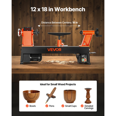 Τόρνος Ξυλουργικής VEVOR 1HP/750W Ισχύς Πάγκου Εργασίας 304 x 465 mm Τόρνος Ξύλου Πάγκου Εργασίας 0 έως 3800 RPM Μεταβλητή Ταχύτητα Κατάλληλος για Τόρνευση Μπολ, Στυλό, Κύπελλα και Μικρά Σκαλίσματα