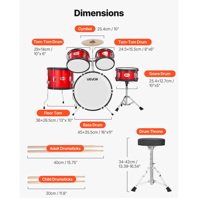 Σετ Ντραμς VEVOR για Παιδιά, 5 τεμαχίων, με μουσικά ντραμς για παιδιά, 16 ίντσες / 40,64 εκ. (Κόκκινο)