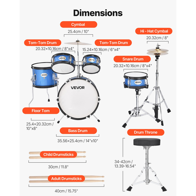 Σετ Ντραμς VEVOR για Παιδιά, 5 τεμαχίων, με μουσικό τύμπανο μπάσου 14 ιντσών / 35,56 εκ. (Μπλε)