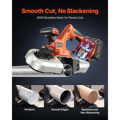 Φορητό ασύρματο κιτ πριονοκορδέλας VEVOR 20V με μπαταρία και φορτιστή, βάθος κοπής 65 x 65 mm, πριονοκορδέλα μετάλλου με κινητήρα χωρίς ψήκτρες, μεταβλητή ταχύτητα 0-192 m/min για κοπή μετάλλου, ξύλου
