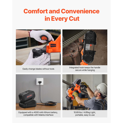 Φορητό ασύρματο κιτ πριονοκορδέλας VEVOR 20V με μπαταρία και φορτιστή, βάθος κοπής 65 x 65 mm, πριονοκορδέλα μετάλλου με κινητήρα χωρίς ψήκτρες, μεταβλητή ταχύτητα 0-192 m/min για κοπή μετάλλου, ξύλου