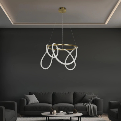 kelvo® GLOW 61659 Μοντέρνο Κρεμαστό Φωτιστικό Οροφής LED 58W 5800lm 360° AC 220-240V IP20 Ρυθμιζόμενο Λευκό CCT με Χειριστήριο από 2700K έως 6000K Dimmable - Lumileds SMD Chip - Χρυσό Πλατίνα & Λευκό Νήμα - Μ80 x Π80 x Υ60cm - 3 Χρόνια Εγγύηση