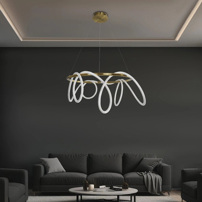 kelvo® GLOW 61660 Μοντέρνο Κρεμαστό Φωτιστικό Οροφής LED 69W 6900lm 360° AC 220-240V IP20 Ρυθμιζόμενο Λευκό CCT με Χειριστήριο από 2700K έως 6000K Dimmable - Lumileds SMD Chip - Χρυσό Πλατίνα & Λευκό Νήμα - Μ100 x Π100 x Υ70cm - 3 Χρόνια Εγγύηση