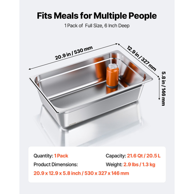 VEVOR Τηγάνι ξενοδοχείου πλήρους μεγέθους, ατμοκίνητο, βάθους 6 ιντσών, από ανοξείδωτο ατσάλι, 1 τεμάχιο