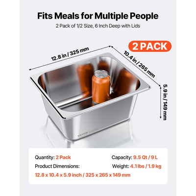 Τηγάνια ξενοδοχείου VEVOR 1/2 με καπάκια, 2 τεμάχια από ανοξείδωτο ατσάλι, βάθους 6