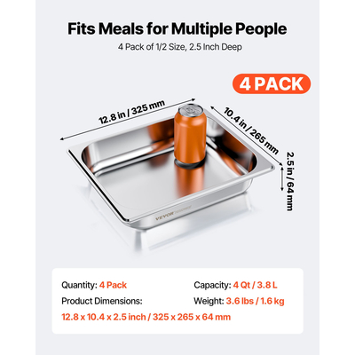 Τηγάνια ξενοδοχείου VEVOR 1/2 μεγέθους, τηγάνια ατμού, βάθους 2,5 ιντσών από ανοξείδωτο ατσάλι, 4 τεμάχια
