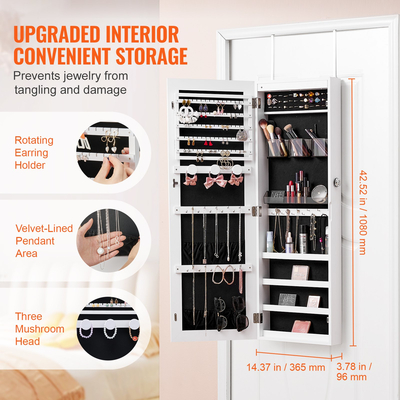 Κοσμηματοθήκη VEVOR με καθρέφτη 42,52 ιντσών, κλειδωμένη, σε λευκό χρώμα, για τοποθέτηση σε τοίχο ή πόρτα