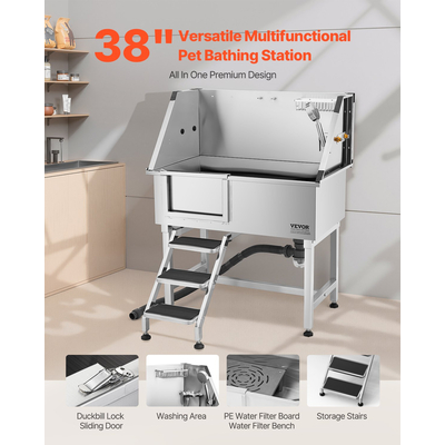 Μπανιέρα περιποίησης σκύλου VEVOR 96,5 cm από ανοξείδωτο ατσάλι με σκάλα και αριστερή πόρτα