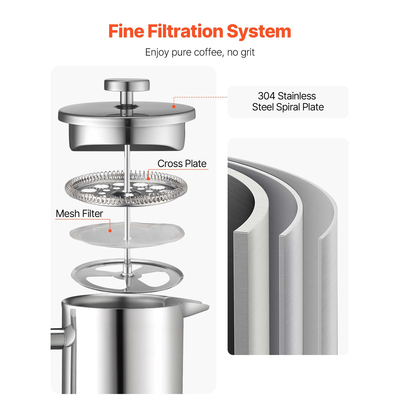 Καφετιέρα VEVOR French Press 1L από ανοξείδωτο ατσάλι, ασημί