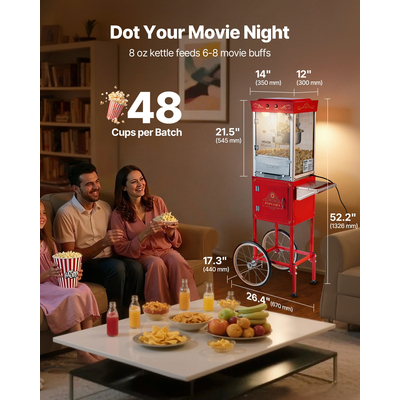 Μηχανή ποπ κορν VEVOR με καρότσι, βραστήρας ποπ κορν 800W 0,2kg, κόκκινος