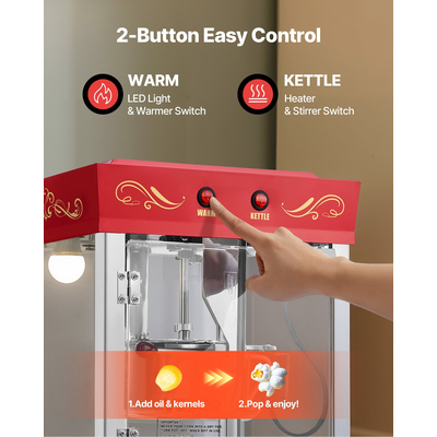 Μηχανή ποπ κορν VEVOR με καρότσι, βραστήρας ποπ κορν 800W 0,2kg, κόκκινος