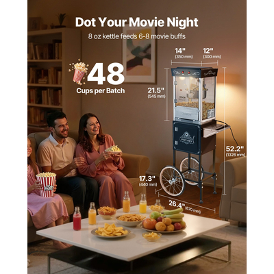 Μηχανή ποπ κορν VEVOR με καρότσι, βραστήρας ποπ κορν 800W 0,2kg, μαύρος