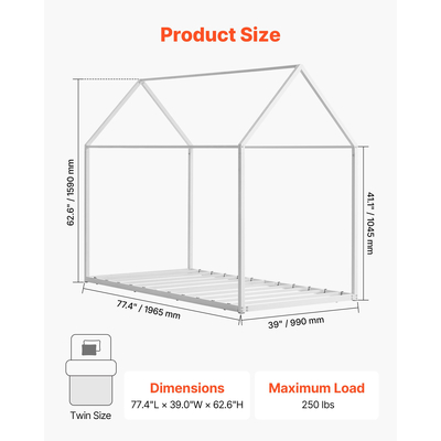 Σκελετός κρεβατιού VEVOR για δύο άτομα, μεταλλικός, παιδικός σκελετός δαπέδου με στέγη, λευκό